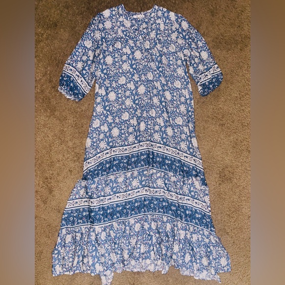 Heccpli Women’s 3/4 Sleeve Blue Floral Boho Maxi Dress Buttons and Tie Waist - Picture 12 of 14